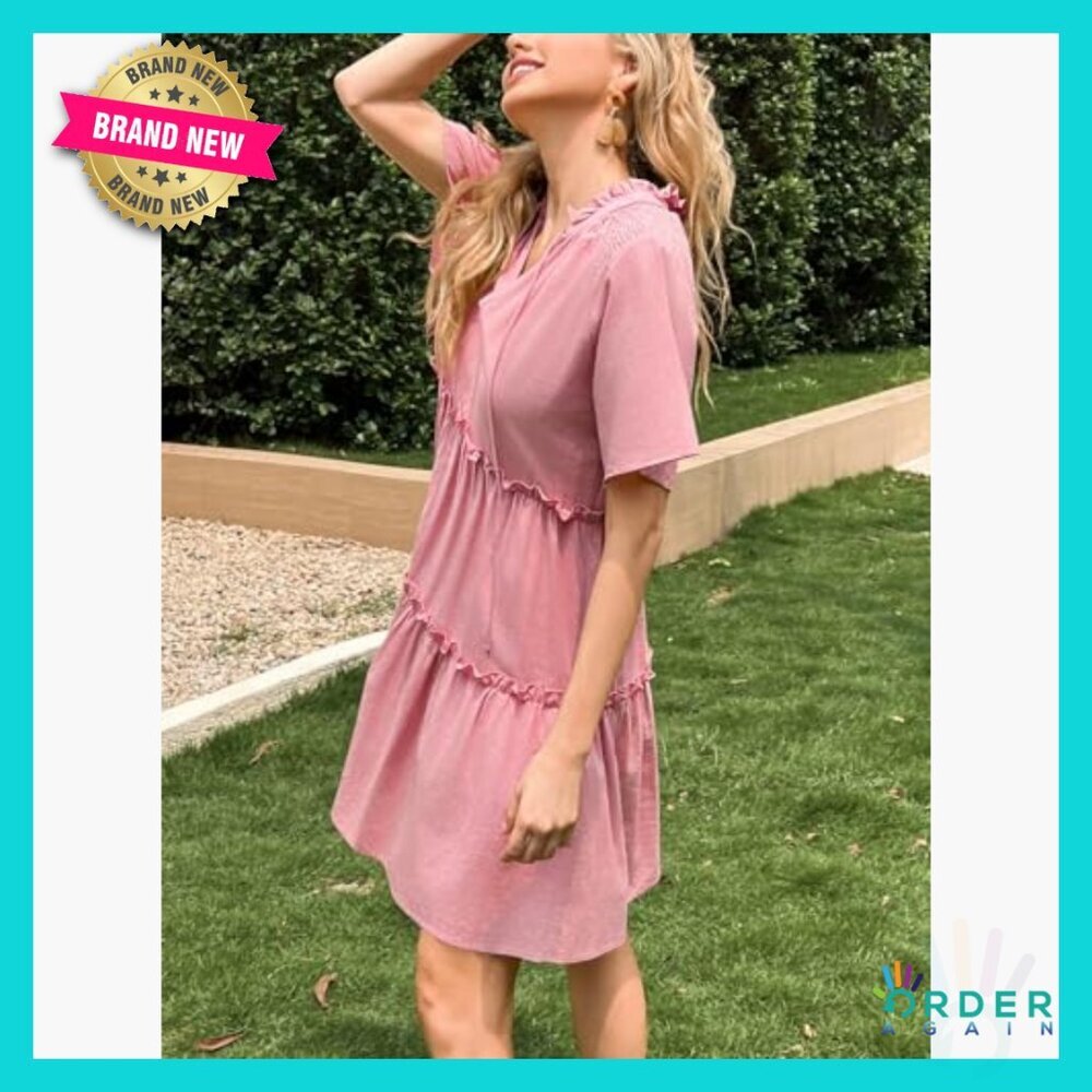 Cotton Babydoll Dress V-Neck Drawstring Ruffle Tiered Swing Mini Casual - Picture 4 of 5